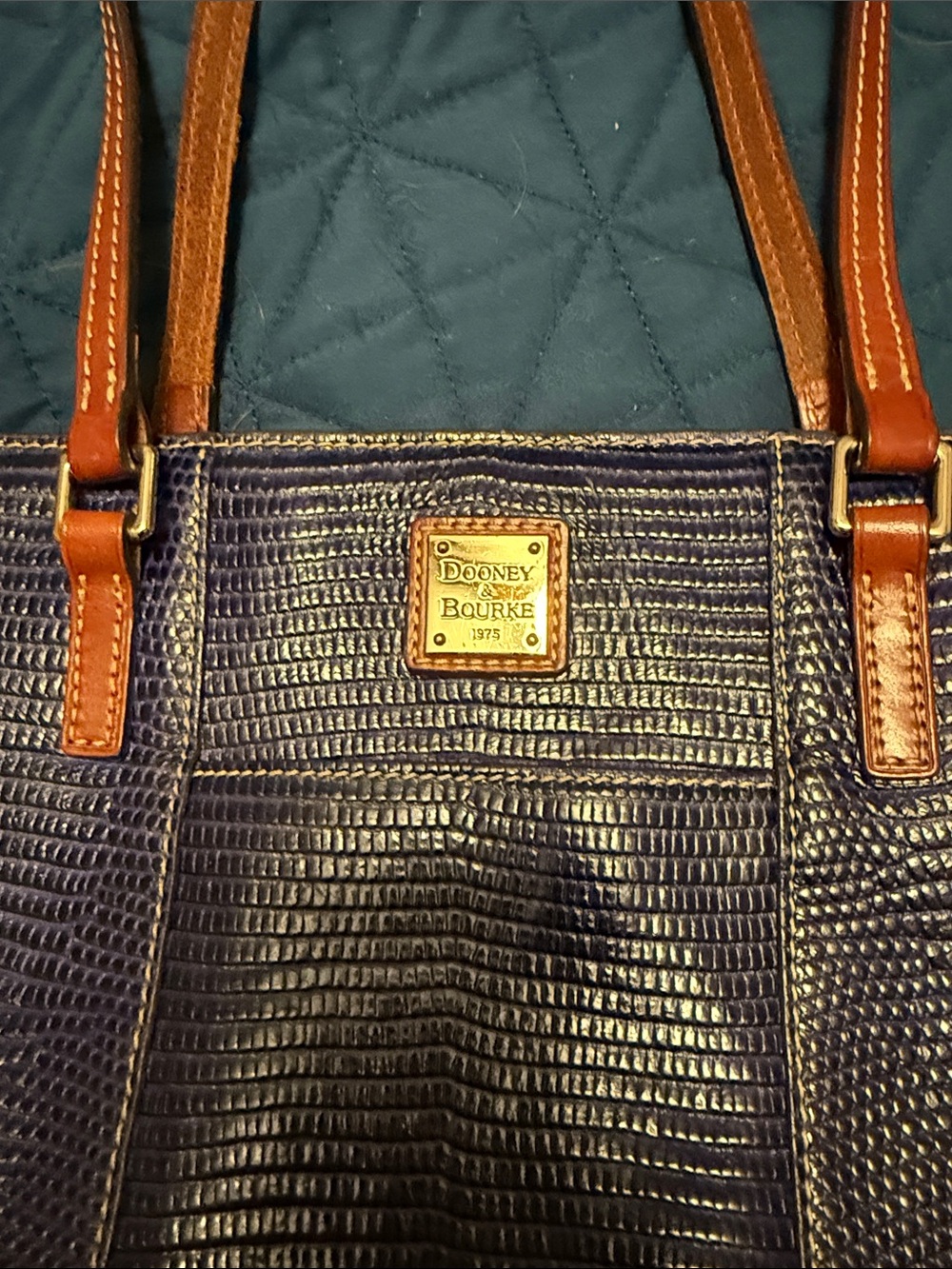 Dooney & Bourke blue Lizard-Embossed Tote with Brown Straps - Picture 2 of 14